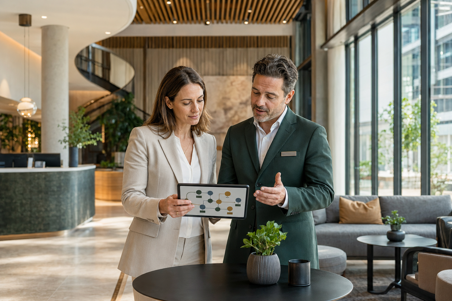 A female independent hotel auditor and a male hotel operations leader reviewing the guest journey together on a tablet